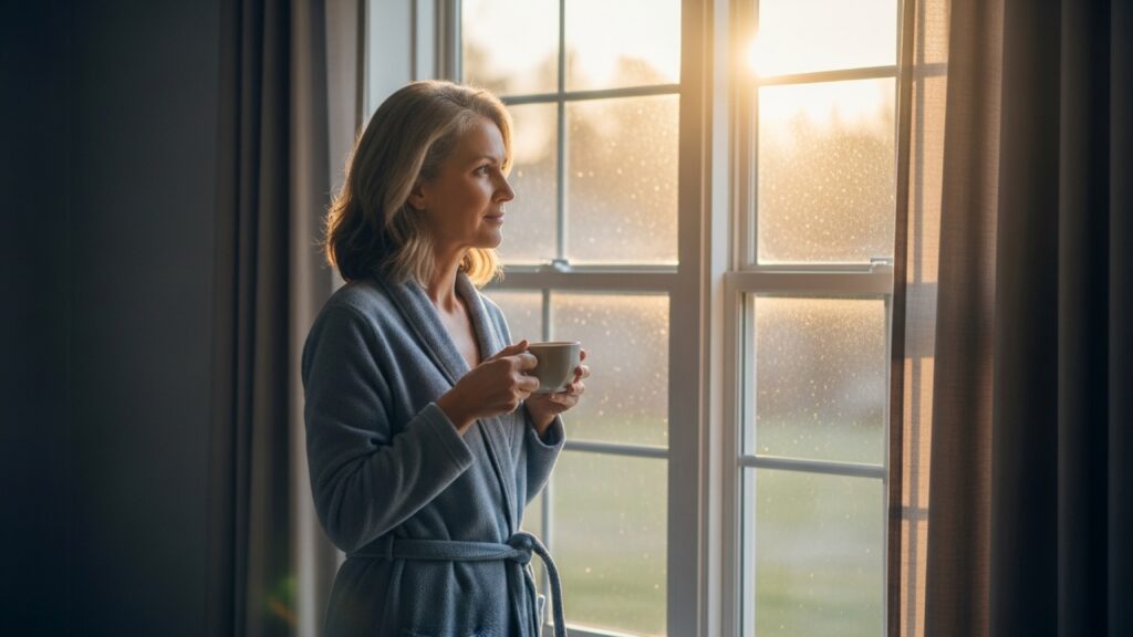 Vitamin D Mangel — Ursachen, Symptome und was du tun kannst 3 Frau am sonnendurchfluteten Fenster mit einer Tasse Tee