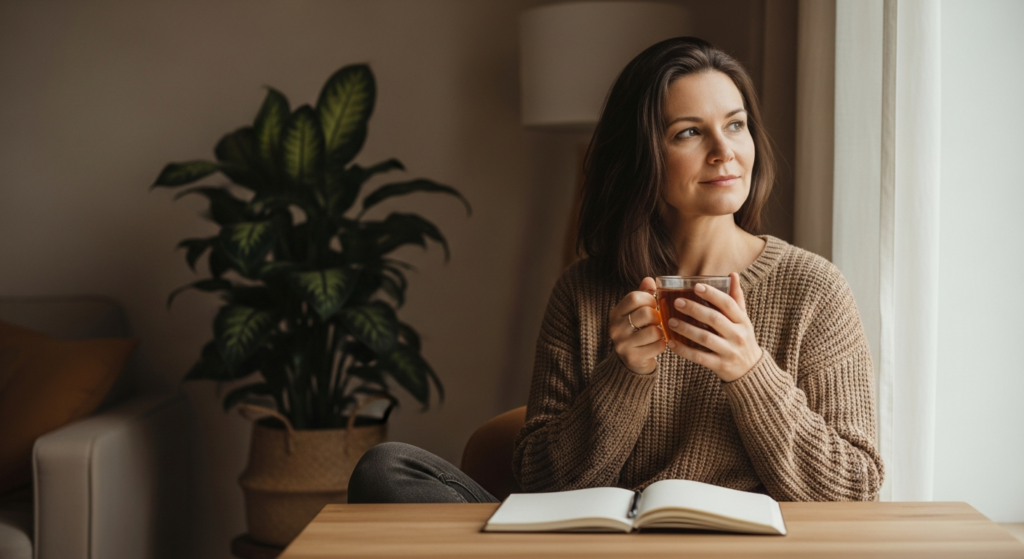 Brain Fog: wenn dein Gehirn im Nebel hängt 2 Frau mit Notizbuch und Tee am Fenster: Brain Fog und mentale Klarheit