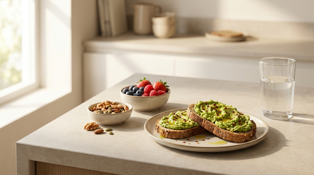 Blutzuckerfreundliches Frühstück mit Vollkornbrot, Avocado, Beeren und Nüssen