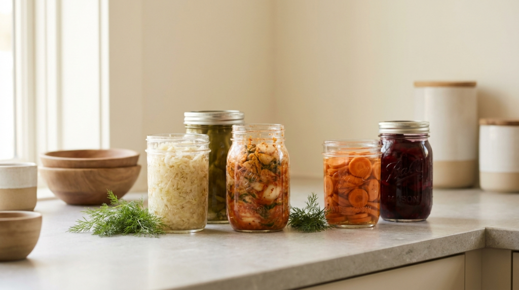 Gläser mit fermentiertem Gemüse: Sauerkraut, Kimchi und eingelegte Karotten