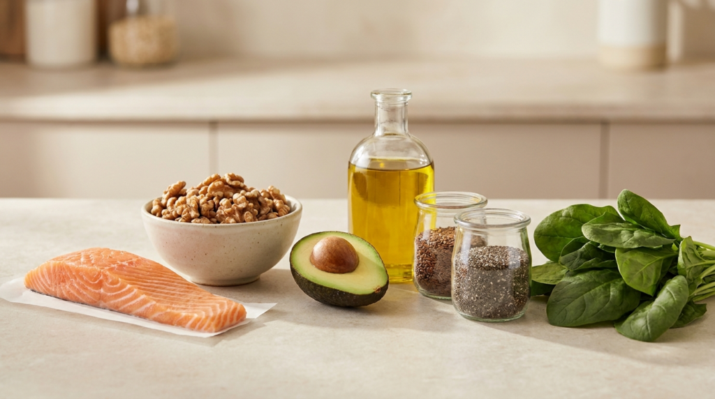 Gehirnfreundliche Fette: Lachs, Walnüsse, Avocado, Olivenöl, Lein- und Chiasamen