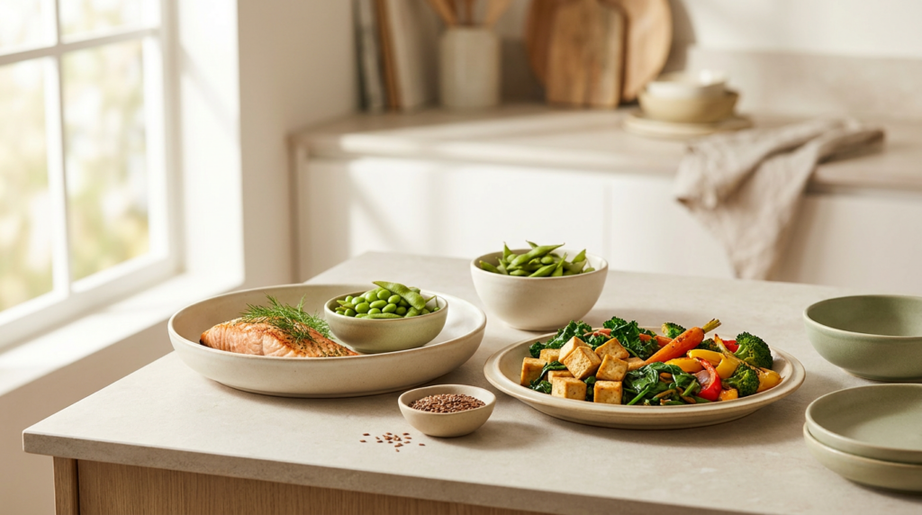 Wechseljahrfreundliche Lebensmittel: Edamame, Tofu, Lachs, Leinsamen und Gemüse