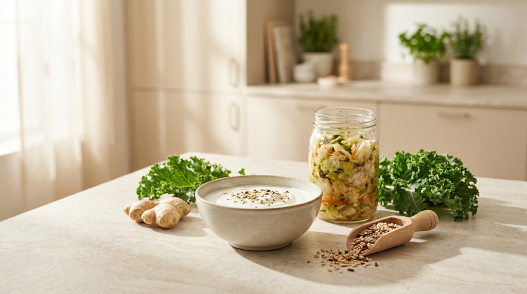 Darmfreundliche Lebensmittel: Joghurt, fermentiertes Gemüse, Ingwer und Blattgrün