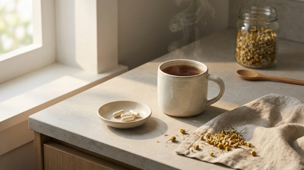 Schlaffördernde Abendszene mit Kräutertee und Kapseln in Keramikschale