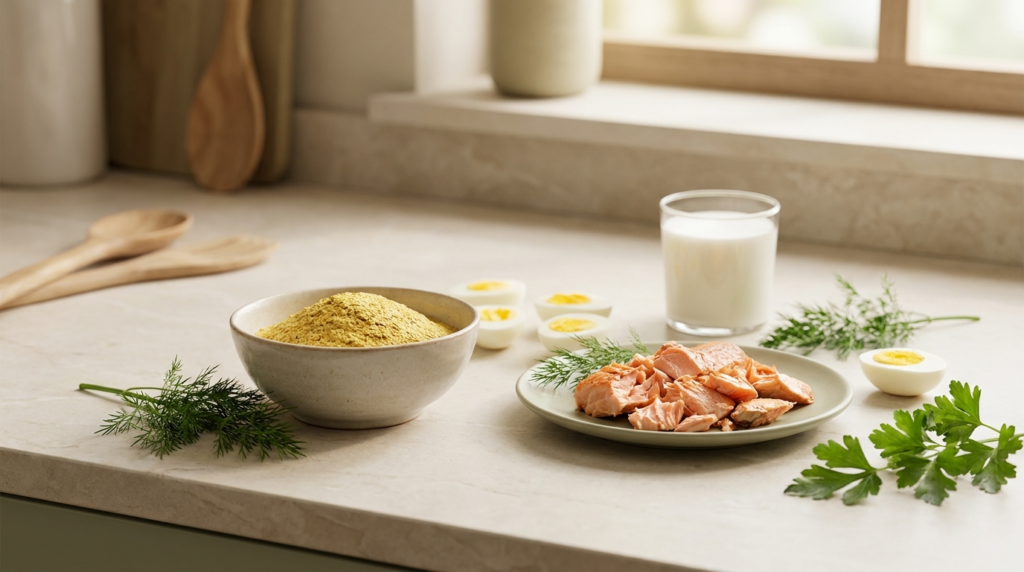 B12-reiche Lebensmittel: Lachs, gekochte Eier, Hefeflocken und Milch