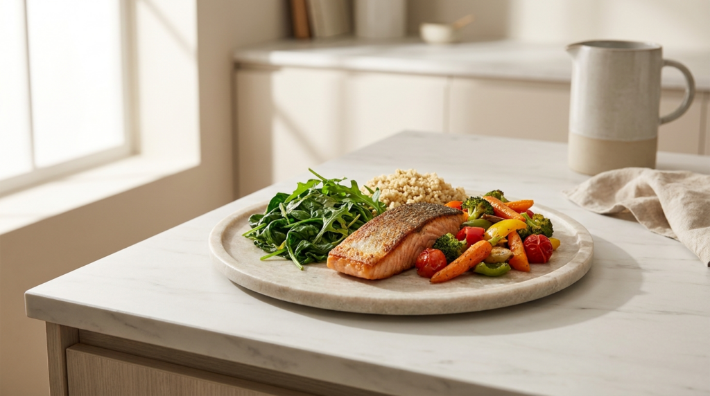 Ausgewogener Teller: Lachs, Blattgrün, Quinoa und buntes Gemüse