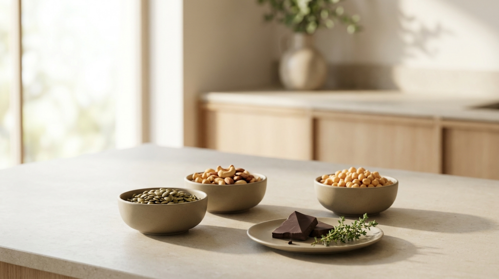 Zinkreiche Lebensmittel: Kürbiskerne, Cashews, Mandeln, Kichererbsen und dunkle Schokolade